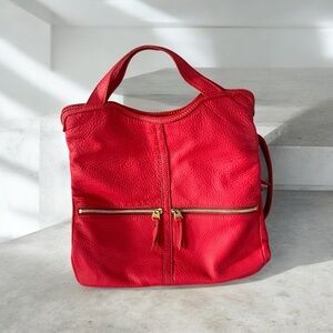 Fossil Erin Red Leather Foldover Crossbody Tote Bag Pockets Adjustable Strap